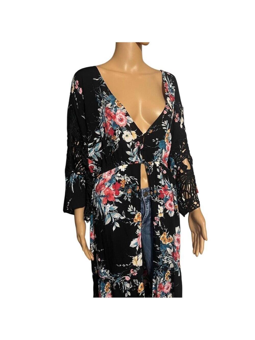 Love is for Eternity Black Floral Kimono Cover-Up Size M - Picture 3 of 7